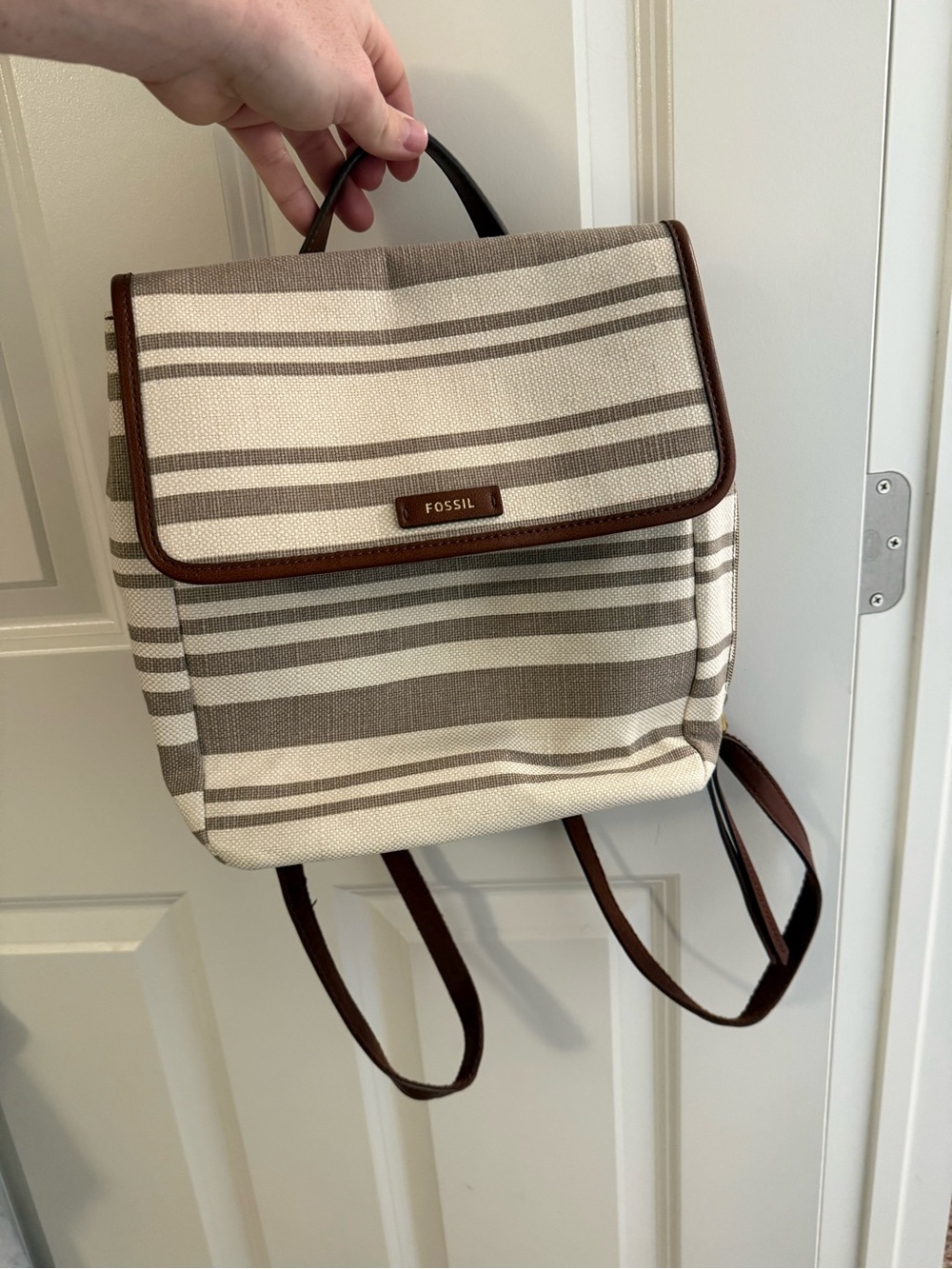 Fossil Cream & Brown Striped Canvas Backpack